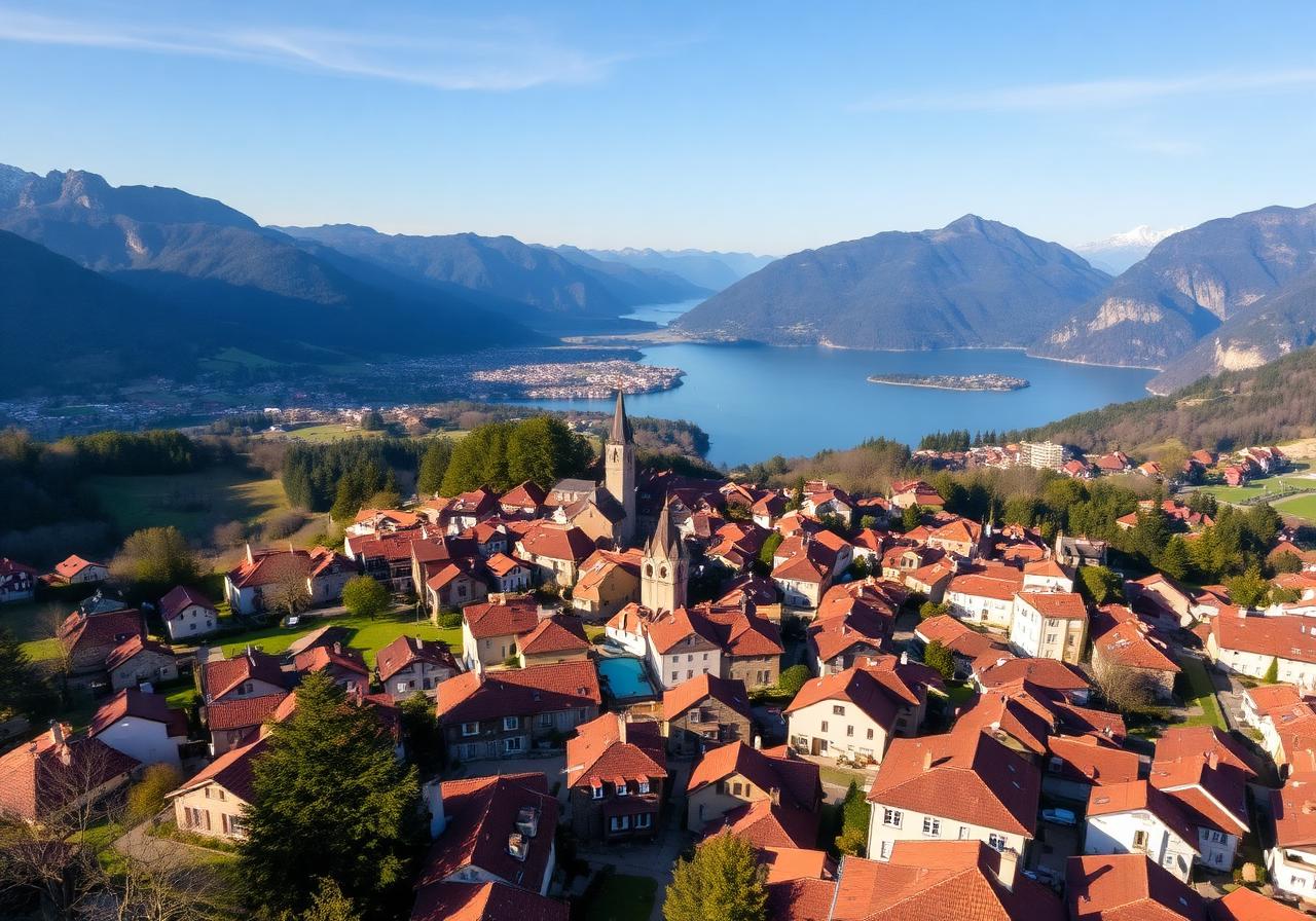 Village alpin aux toitures en tuiles rouges au bord du lac d'Annecy — zone d'intervention Alpes Entretien Toitures