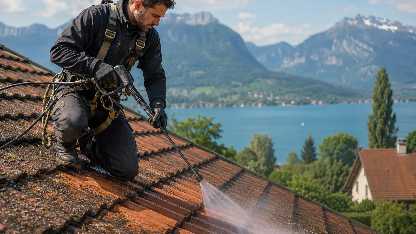 Nettoyage basse pression d'une toiture en tuiles par Alpes Entretien Toitures en Haute-Savoie