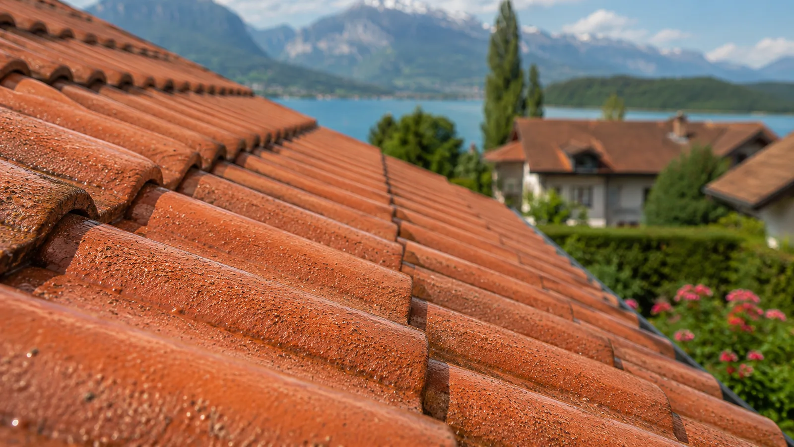 Toiture en tuiles propre après nettoyage basse pression avec vue montagne