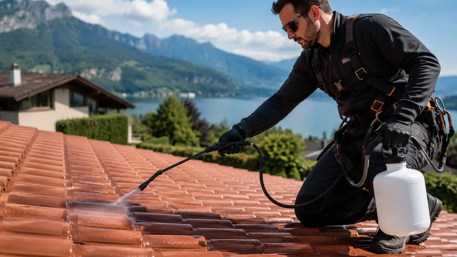 Artisan Alpes Entretien Toitures appliquant un hydrofuge sur une toiture en Haute-Savoie