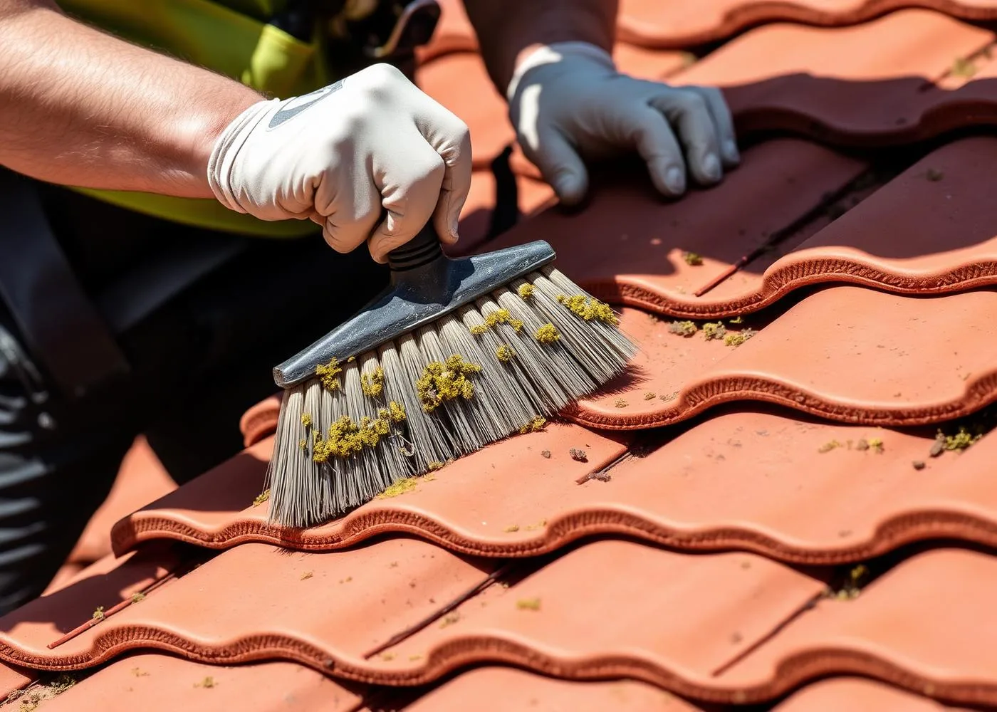 Étape de démoussage d'une toiture en tuiles par Alpes Entretien Toitures