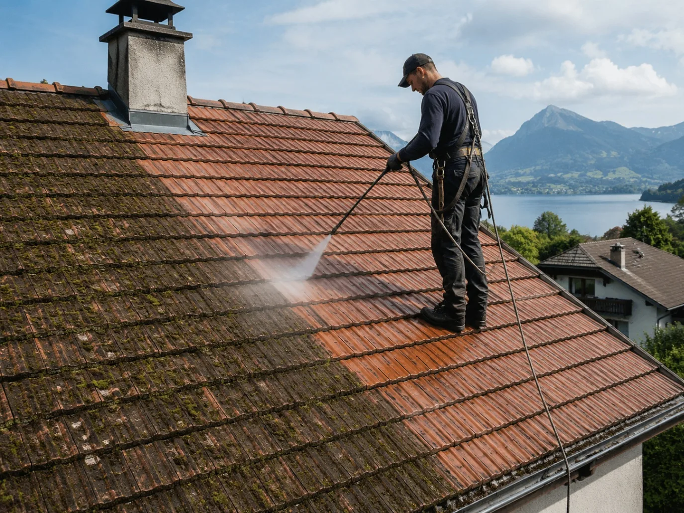 Démoussage de toiture en tuiles par Alpes Entretien Toitures en Haute-Savoie